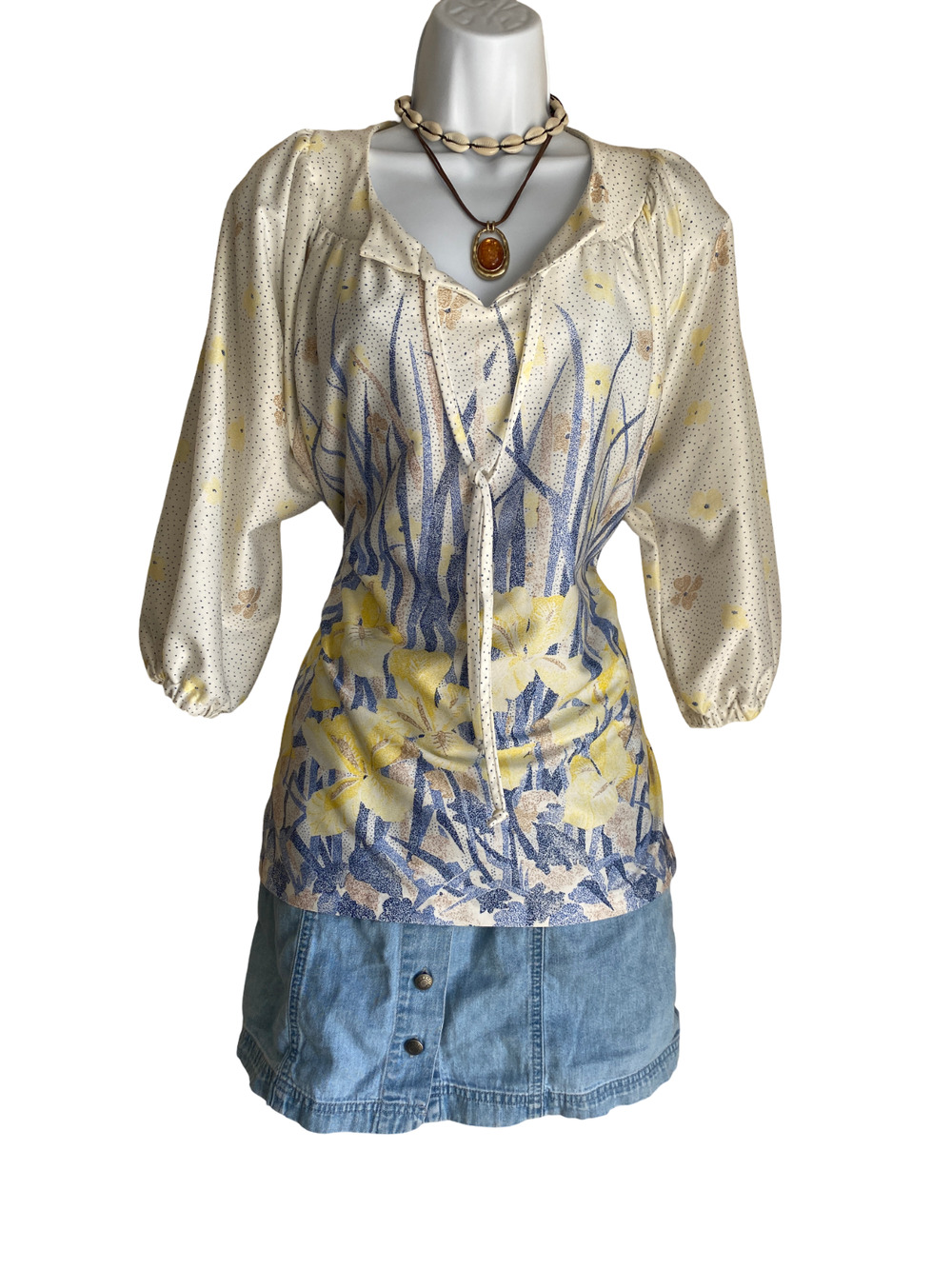VTG Fortrel Plus 18 Boho Floral Tie Front Semi Sheer Cottagecore Blouse Coquette